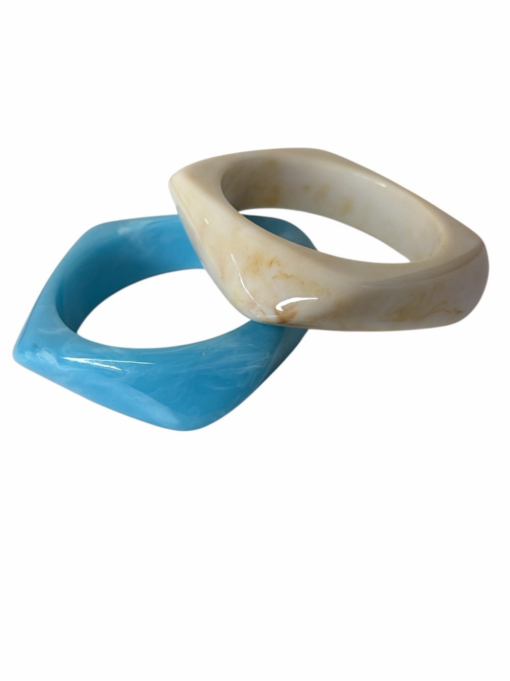 Blue and Cream Resin Square‎ Bangle Bracelets Acrylic Retro Mod
